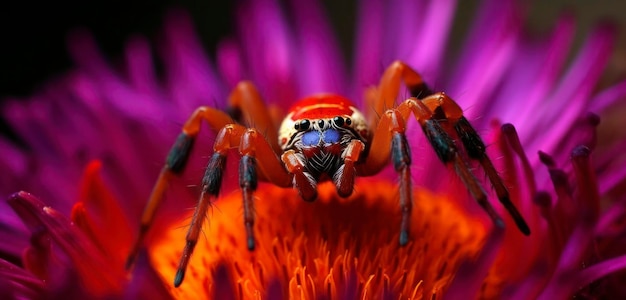 Una araña se sienta en una flor en el jardín.