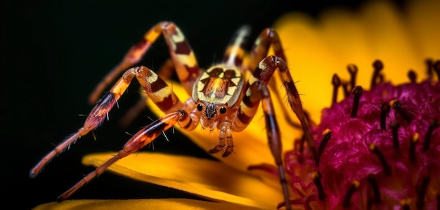 Una araña se sienta en una flor en el jardín.