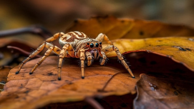 Una araña se sienta en una hoja en el bosque.