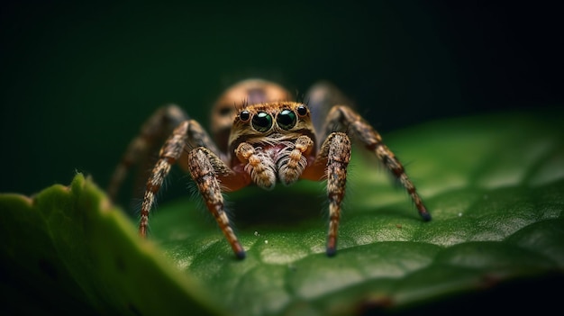 Una araña se sienta en una hoja en la oscuridad.