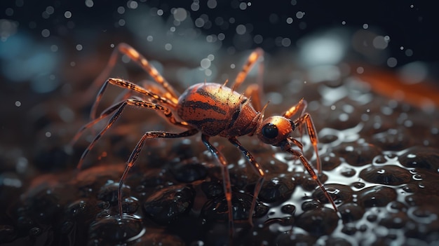 Una araña se sienta sobre una superficie húmeda con gotas de agua.