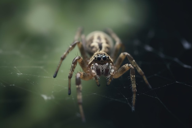 Una araña se sienta en una telaraña en la oscuridad.