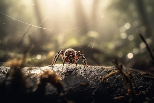 Una araña en un tronco con un fondo borroso