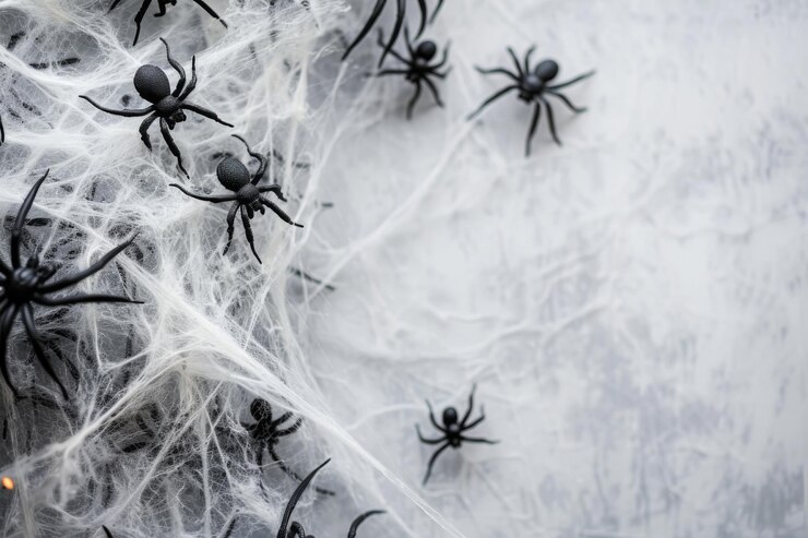 Arañas negras en telas de araña blancas contra un fondo blanco limpio ideal para Halloween y diseños espeluznantes