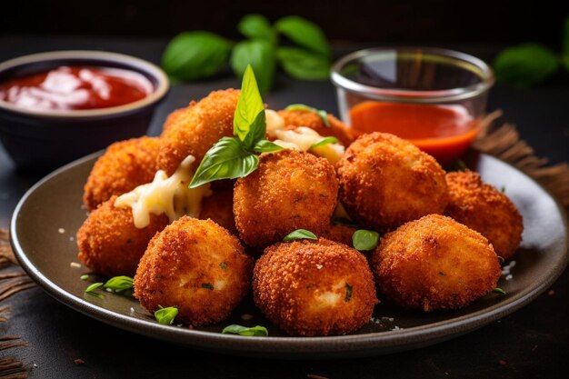 Arancini com queijo e molho de tomate