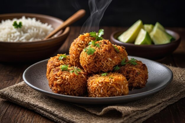 Foto arancini delicioso e crocante em um prato rústico