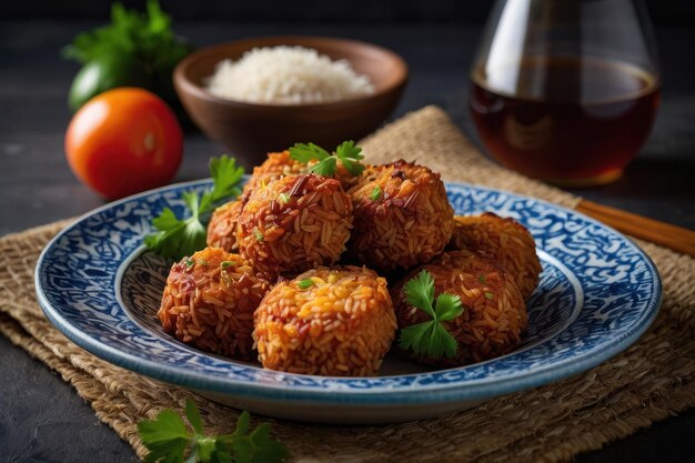 Foto arancini delicioso e crocante em um prato rústico