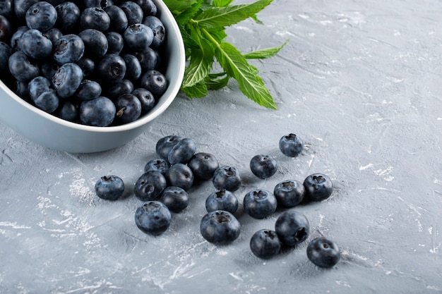 Arándanos azules Hojas de menta. Frutas frescas para una dieta saludable.