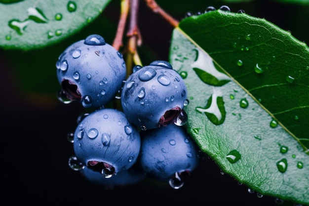 Los arándanos despedazados en hojas verdes de colores naturales audaces