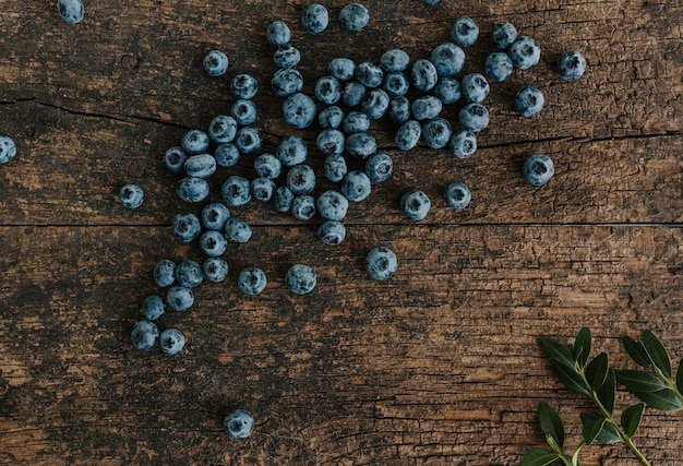 Los arándanos frescos azules están esparcidos sobre una vieja mesa de madera marrón agrietada.