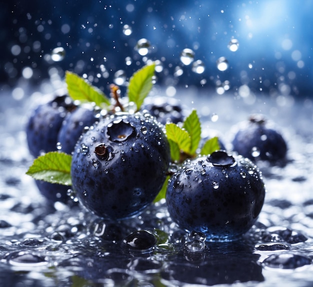 Los arándanos frescos con gotas de agua en un fondo oscuro.