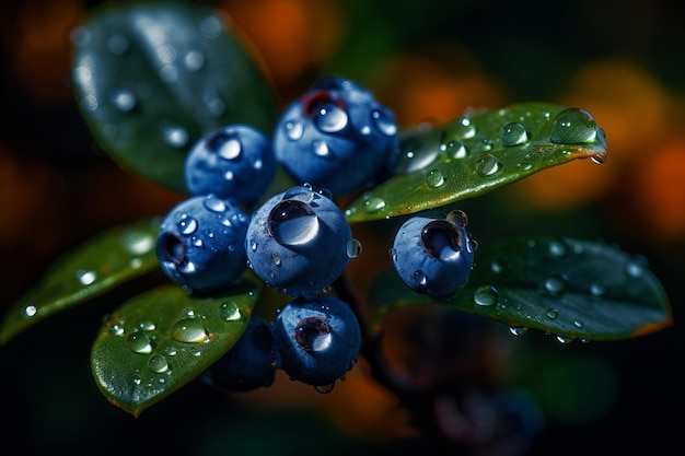 Arándanos en una hoja con gotas de agua sobre ellos