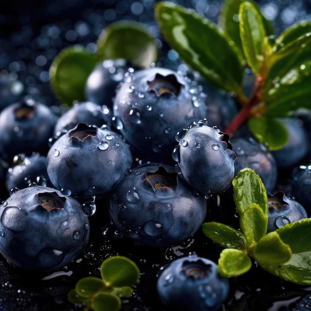 Arándanos con hojas y gotas de agua sobre un fondo negro