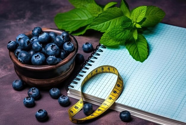 Foto arándanos hojas de menta cinta métrica y bloc de notas para escribir notas o resoluciones concepto de sp