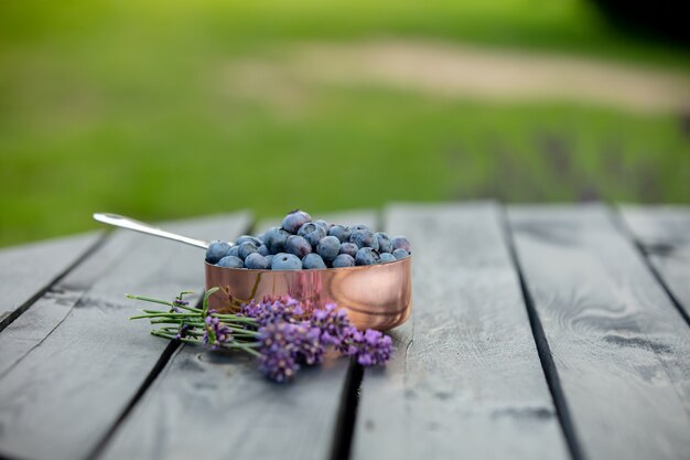 Arándanos en maceta de metal y flores de lavanda alrededor de una mesa de madera en un jardín.