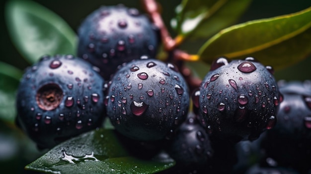 Arándanos orgánicos en gotas de lluvia en el arbusto