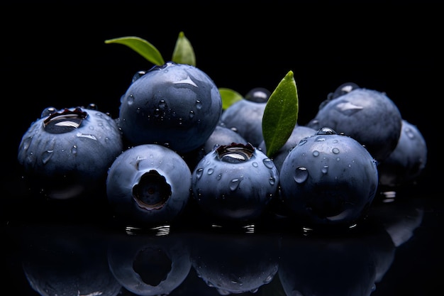 Arándanos sobre un fondo negro con gotas de agua