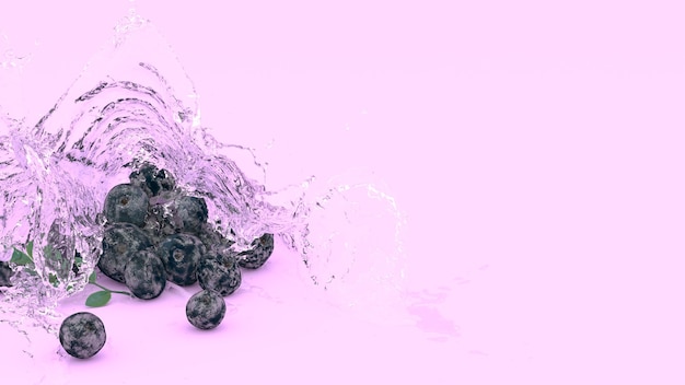 Arándanos sobre fondo púrpura en salpicaduras de agua, ilustración 3d