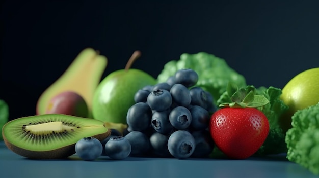 Los arándanos, los tomates cherry, los aguacates, el brócoli, los kiwis y las manzanas verdes sobre un fondo azul son ejemplos de frutas y verduras. IA generativa.