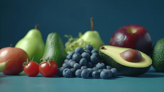 Los arándanos, los tomates cherry, los aguacates, el brócoli, los kiwis y las manzanas verdes sobre un fondo azul son ejemplos de frutas y verduras. IA generativa.