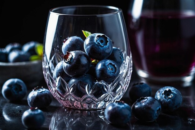 Los arándanos en un vaso de cristal con una cuchara