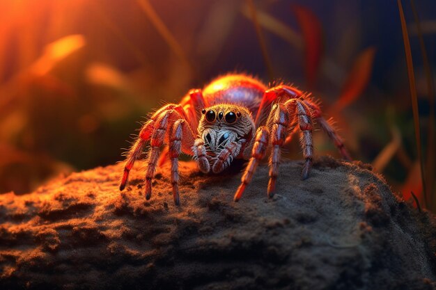 Aranha Araffe sentada em uma pedra em uma área cheia de plantas generativa ai