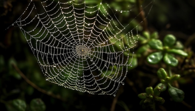 Aranha assustadora tece teia molhada na floresta de outono, capturando presas geradas por IA