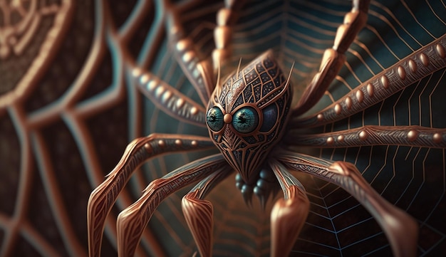 Aranha ciborgue assustadora com sangue multicolorido gerado por IA