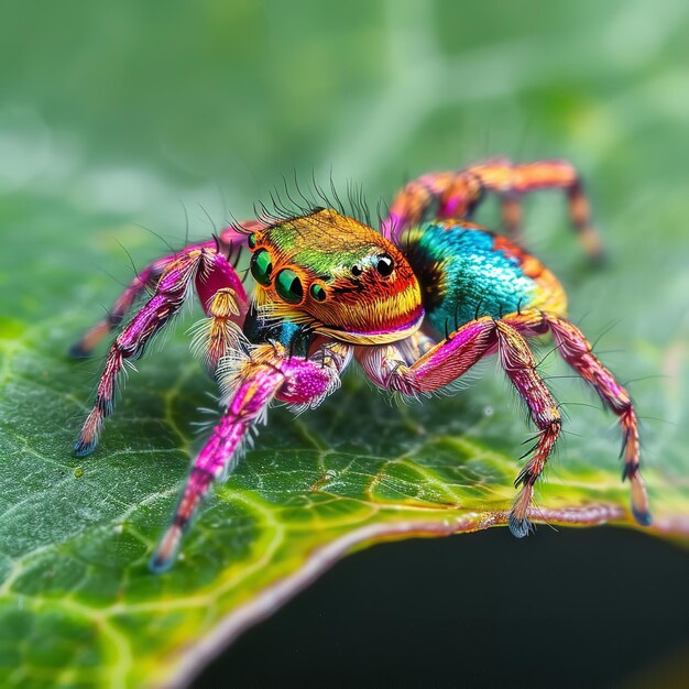 Aranha colorida saltando em uma folha verde Ai generative