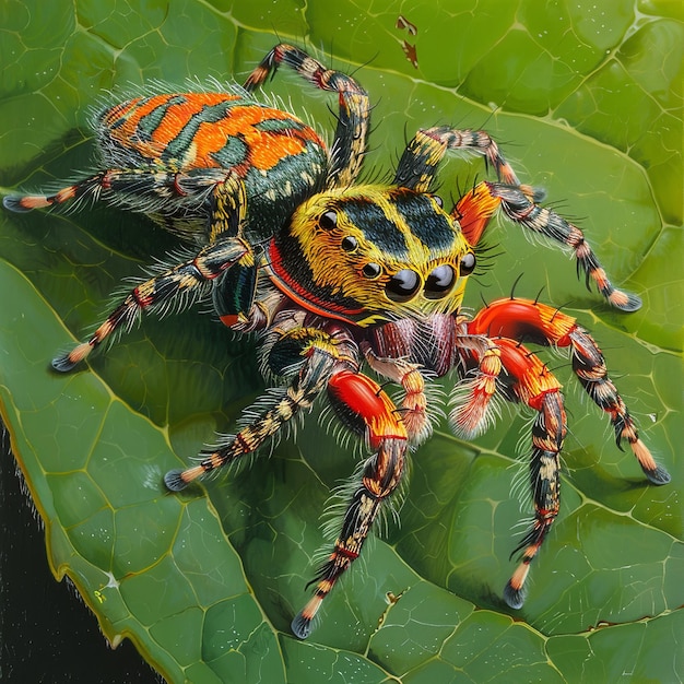 Aranha colorida saltando em uma folha verde Ai generative