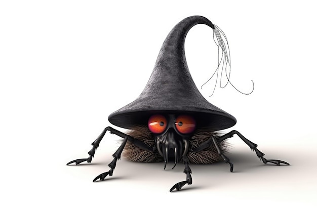 Aranha com chapéu de bruxa em fundo branco IA generativa de Halloween