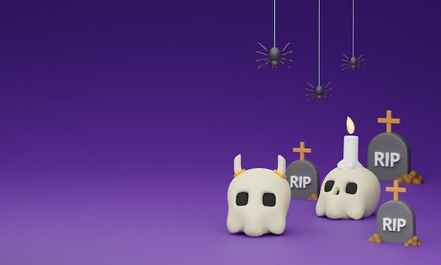 Aranha de caveira assustadora de Halloween e grave feliz dia das bruxas em fundo violeta isolado renderização em 3d