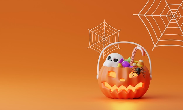 Aranha de cesta de abóboras de Halloween feliz dia das bruxas em fundo laranja isolado renderização em 3d