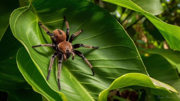 Aranha marrom e preta em folha verde