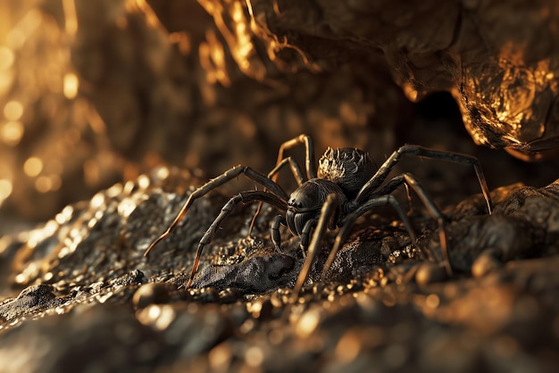 Aranha rastejando na caverna Inseto perigoso do conto de fadas