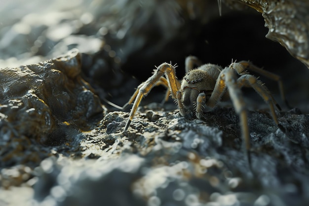 Aranha rastejando na caverna Inseto perigoso do conto de fadas