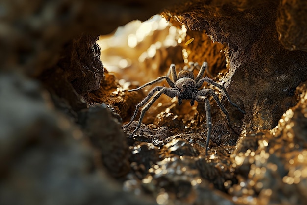 Aranha rastejando na caverna Inseto perigoso do conto de fadas