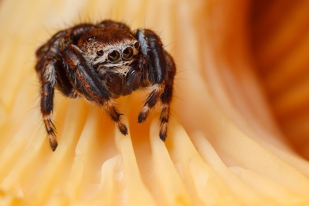 Aranha saltadora em um chanterelle. as espécies comidas mais populares de cogumelos selvagens.