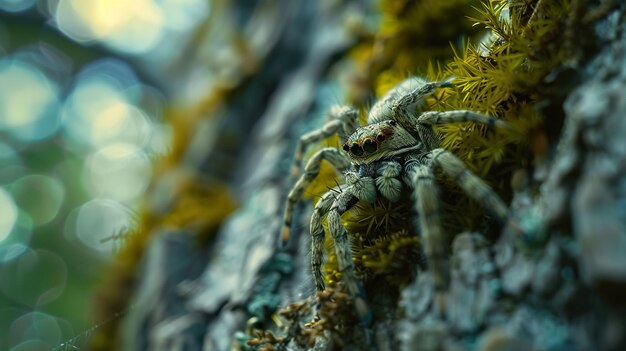 Aranha saltadora furtiva à espreita entre o musgo na casca das árvores