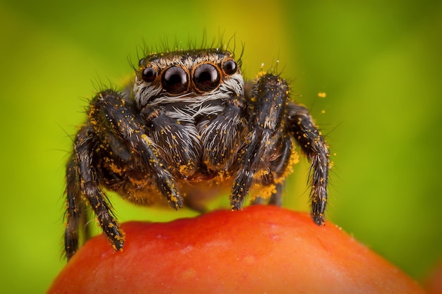 Foto aranha saltadora grudada com pólen amarelo sentado na ashberry laranja foto macro