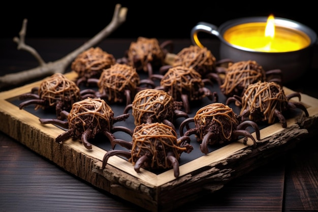 Aranhas de chocolate escondidas em palheiros de manteiga de amendoim em uma bandeja preta