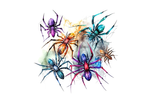 Aranhas são desenhadas com aquarelas multicoloridas isoladas em um fundo branco Gerado por IA