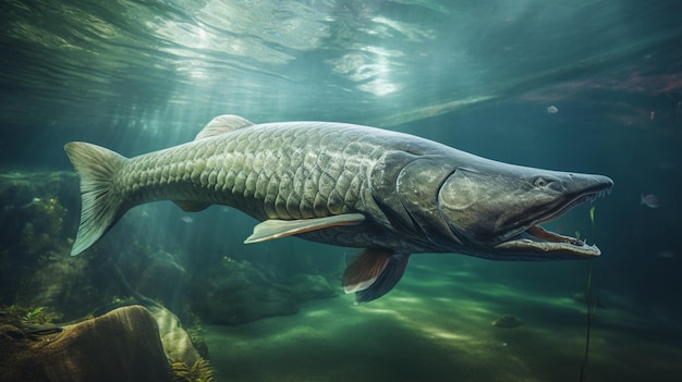 Arapaima-Fisch schwimmt im Ozean unter Wasser Bild KI-generiertes Bild