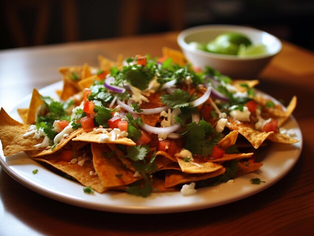 Foto araph-teller mit nachos mit einer schüssel guacamole generativ ai