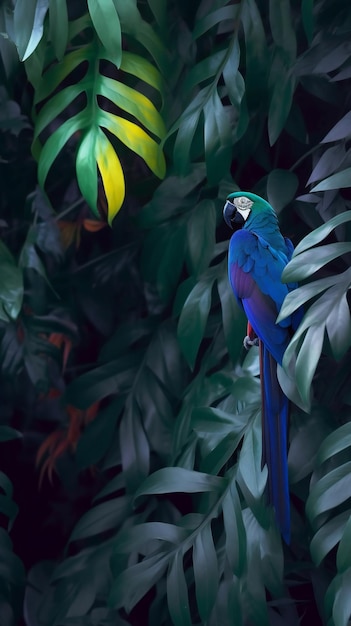 Arara azul-amarelo sentado em um galho de uma planta