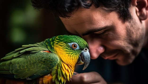 Arara fofa segurando pena amarela sorrindo para retrato humano ao ar livre gerado por inteligência artificial