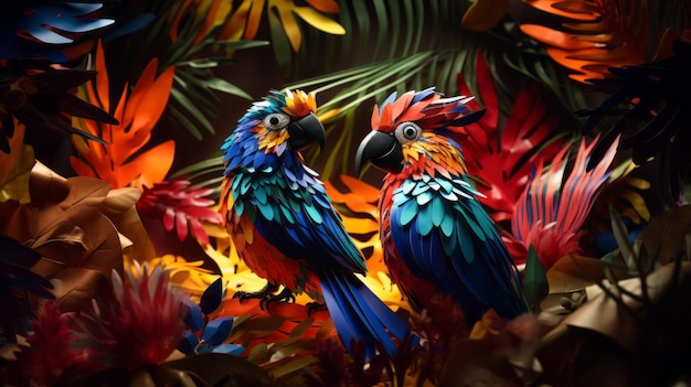 Arara na floresta amazônica árvore colorida 3d arte em papel papercut ilustração colorida