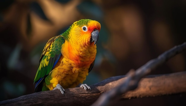 Arara vibrante empoleirada no galho parecendo fofa gerada por IA