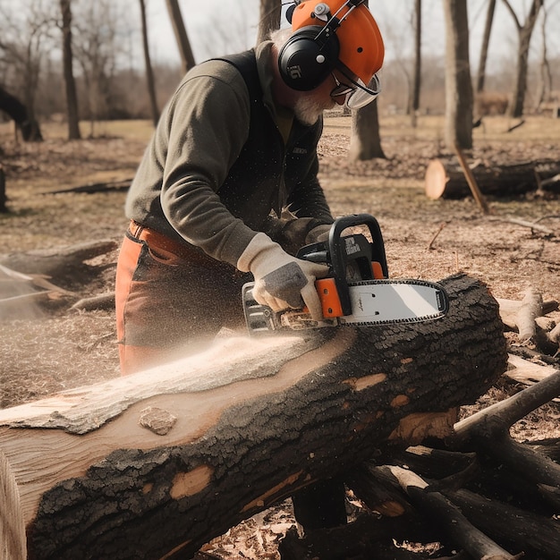 Arbeit eines Holzfällers mit Kopfhörern, der große Baumstämme mit einer Kettensäge aus nächster Nähe sägt