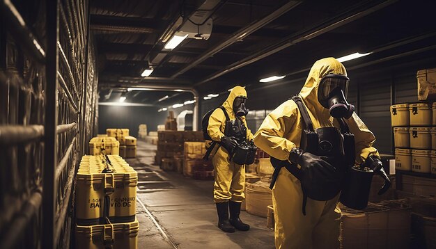 Arbeit im Lager Arbeiter in gelben Schutzanzügen und Gasmasken, die Kanister tragen